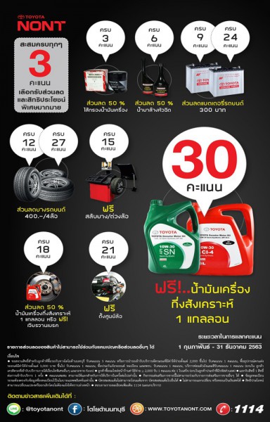 สะสมคะแนน แลกสิทธิ์ รับน้ำมันเครื่องฟรี ! 1 กุมภาพันธ์ - 31 ธันวาคม 2563