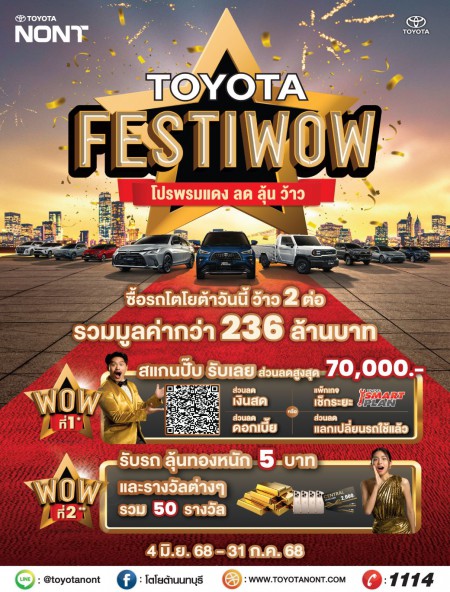 ซื้อรถโตโยต้าวันนี้ ว้าว 2 ต่อ รวมมูลค่ากว่า 236 ล้านบาท กับ "TOYOTA FESTIWOW โปรพรมแดง ลด ลุ้น ว้าว