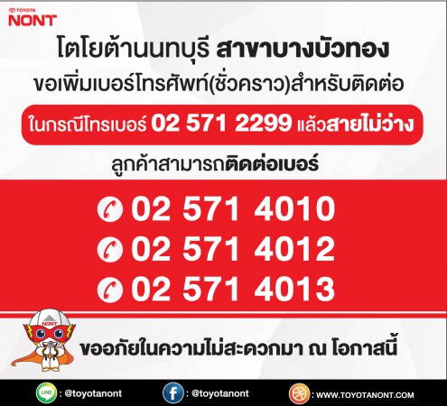 โตโยต้านนทบุรี สาขาบางบัวทอง ขอเพิ่มเบอร์โทรศัพท์(ชั่วคราว)สำหรับติดต่อ ในกรณีโทรเบอร์ 02 571 2299 แล้วสายไม่ว่าง